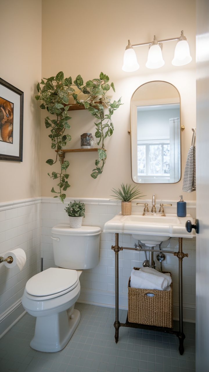 Stylish Half Bath with Tiled Floor and Personal Touch