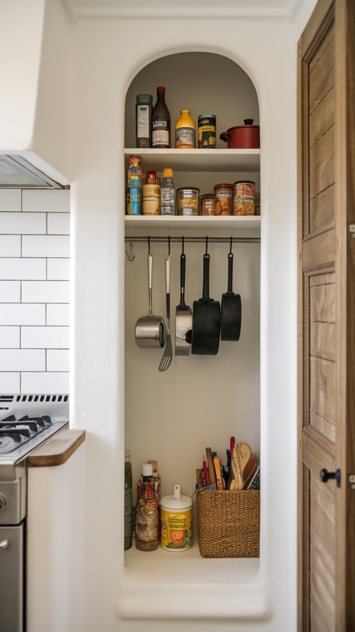Compact Built-In Storage with Warm Touches