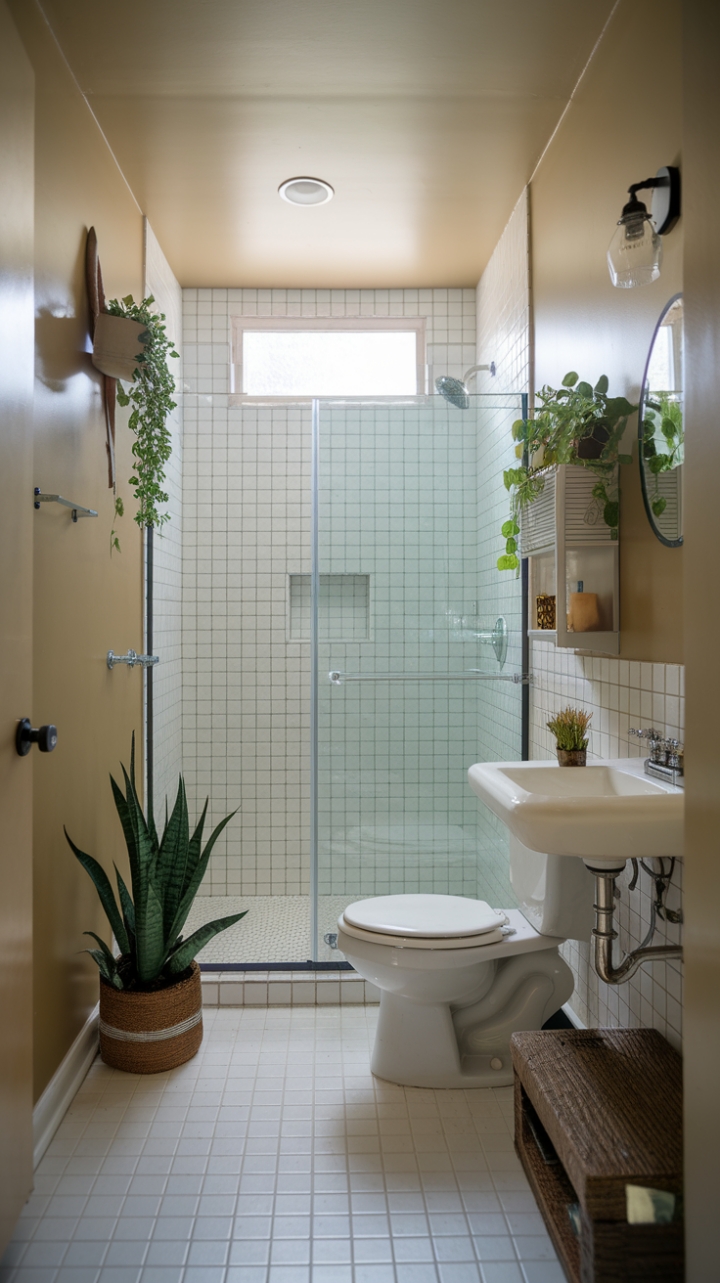 Serene and Functional: Small Master Bath with Natural Light and Greenery