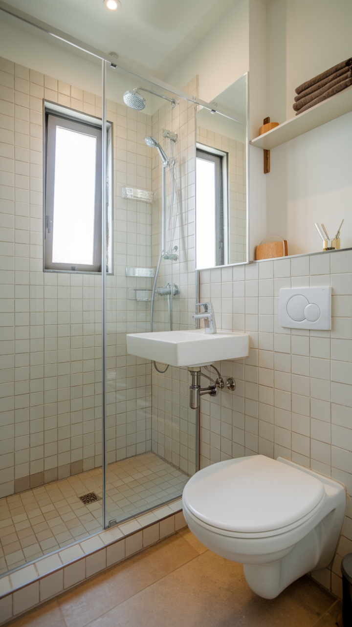 Efficient Small Ensuite with Bright, Neutral Tones