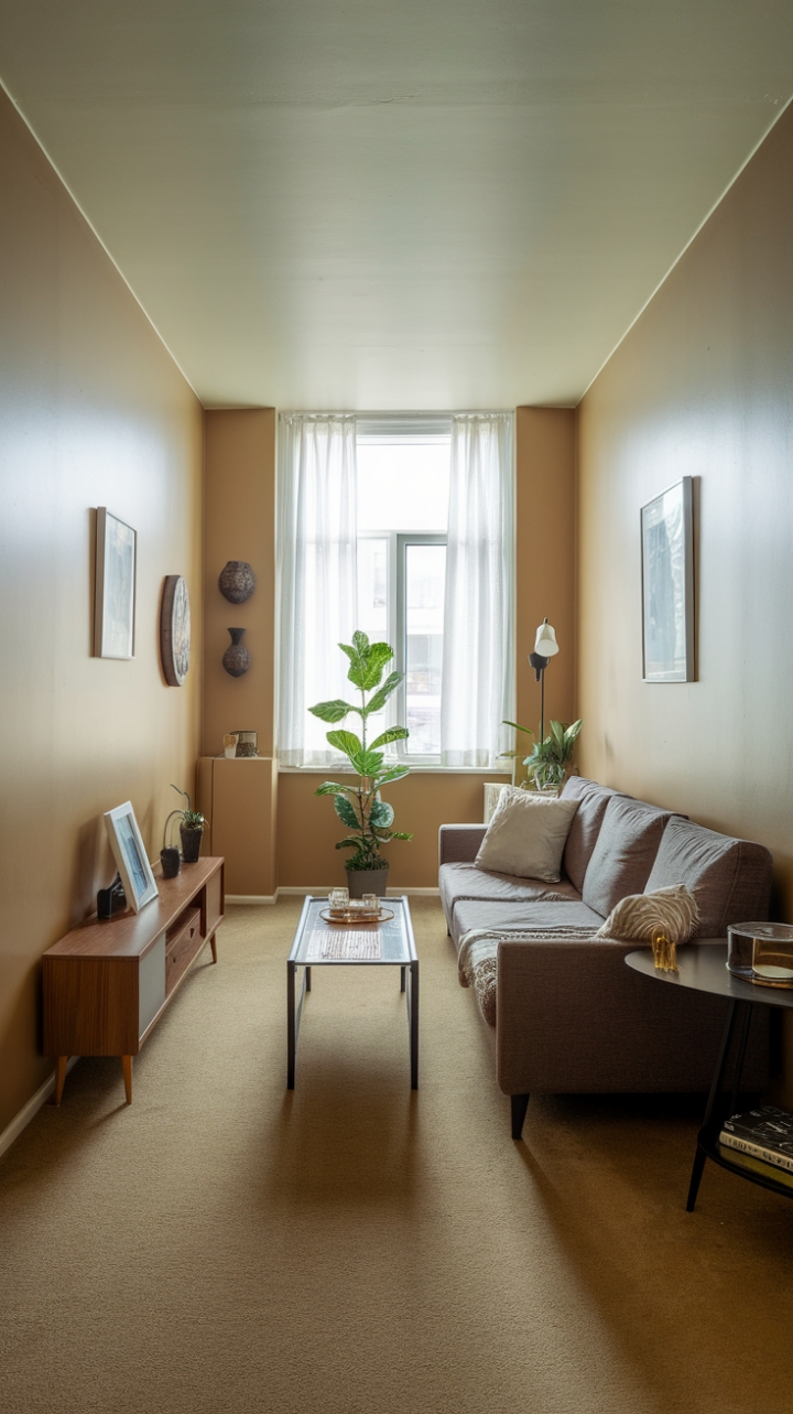 Charming Narrow Living Room with Streamlined Style