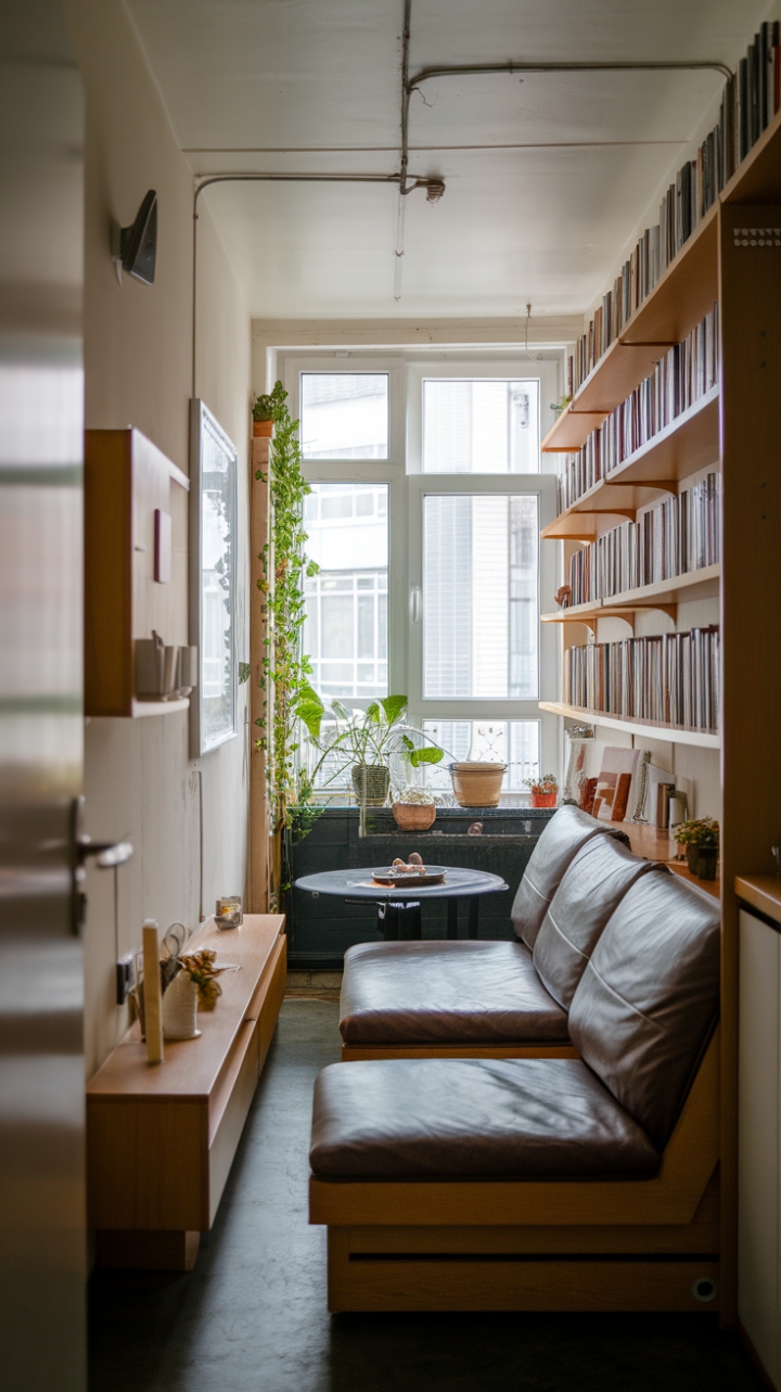 Smart Space: Cozy Living Room with Clever Storage and Green Touches