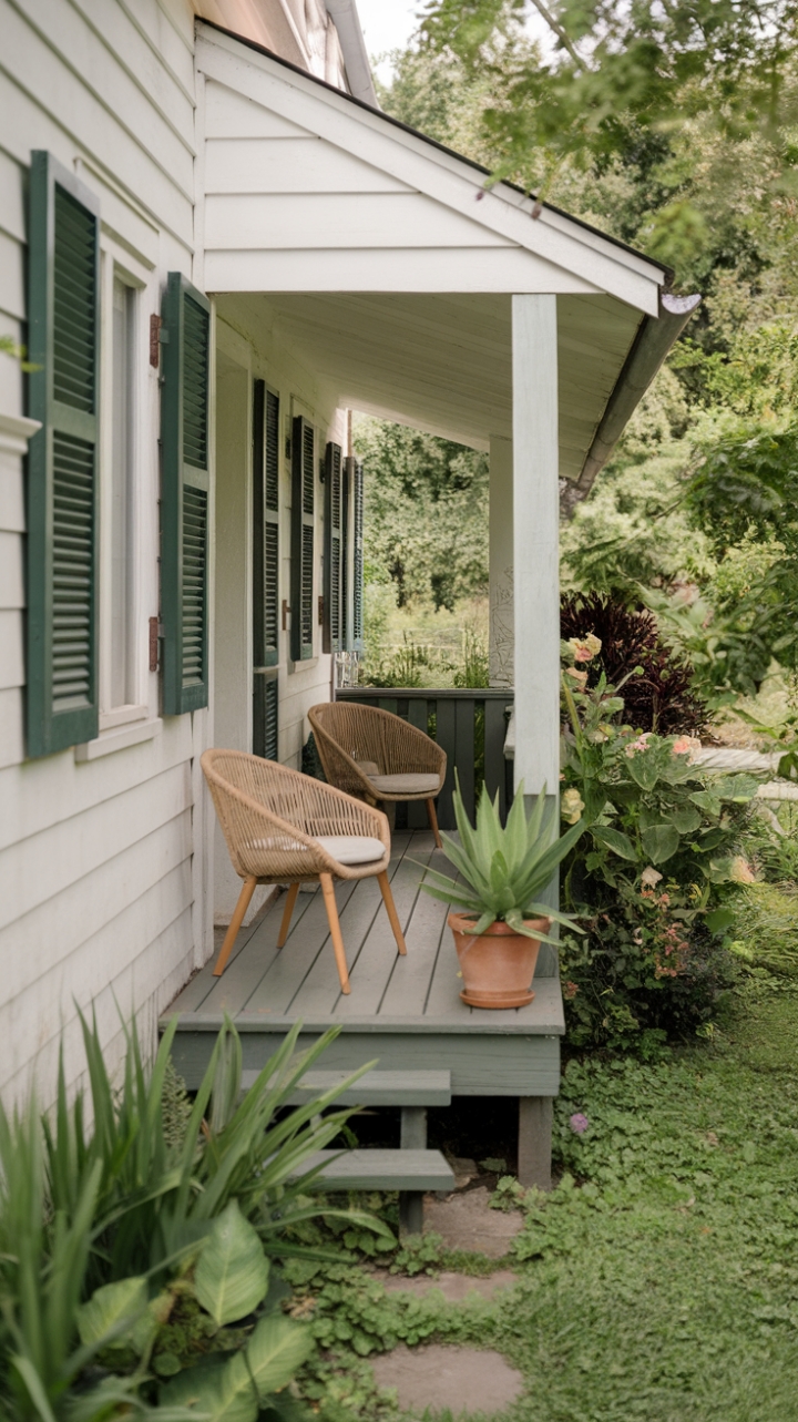 Intimate White House Porch with Garden View