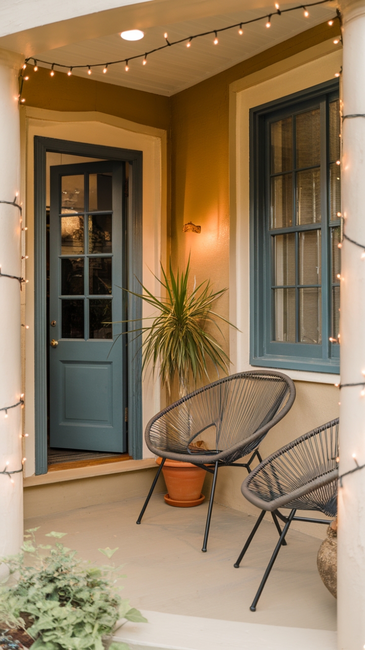 Cozy Porch Retreat with Warm Beige Walls and Soft Lighting