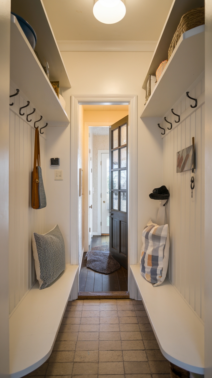 Charming Small Foyer with Practical Shelving and Bright Lighting