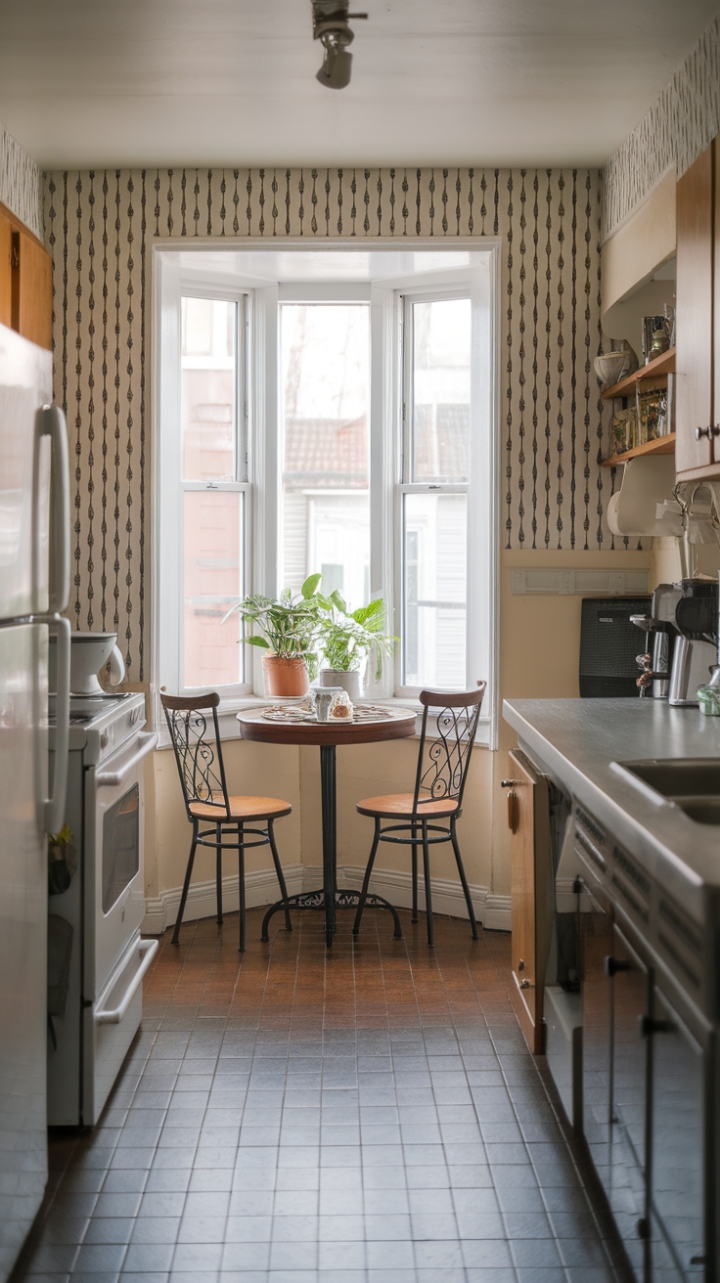 Charming Round Table and Patterned Wallpaper Create a Cozy Eat-In Kitchen