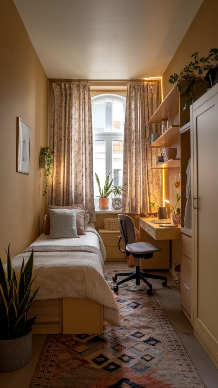 Charming Tiny Bedroom with Warm Tones and Clever Layout