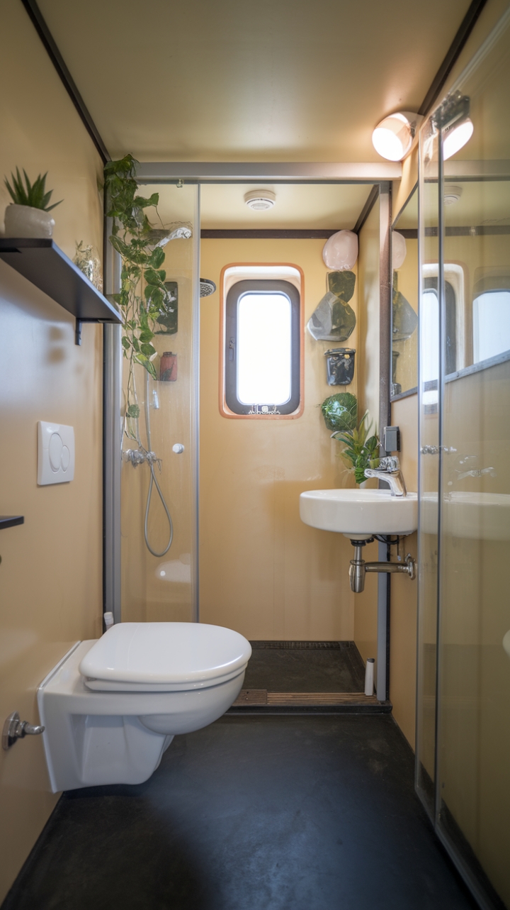 Stylish Small Bathroom with Dark Floor and Green Accents