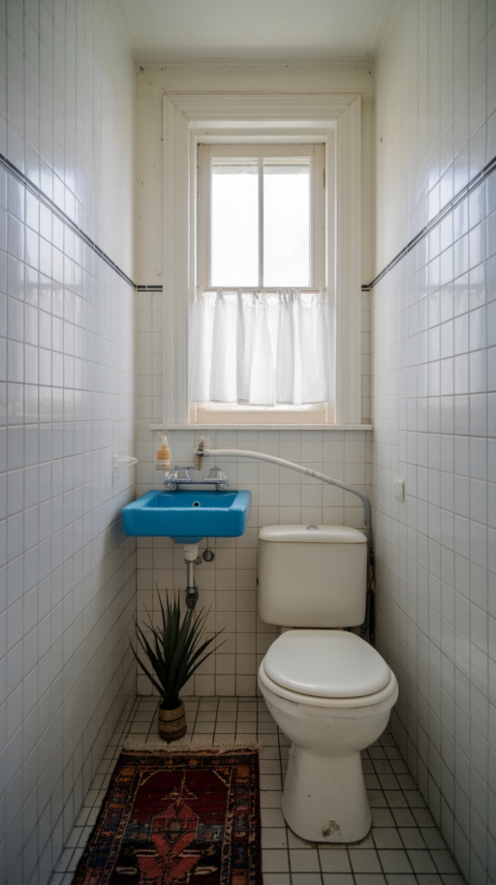 Bright Blue Sink and Natural Light Transform Tiny Space