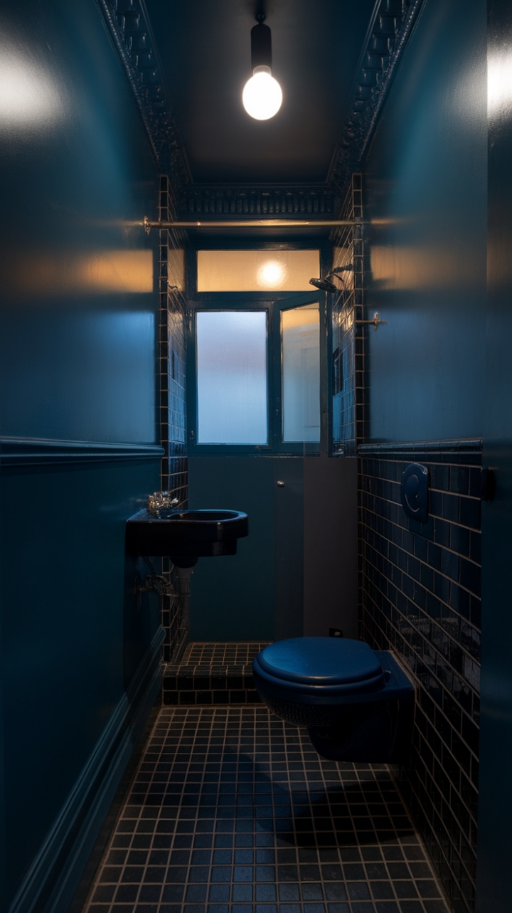 Shadowed Serenity: A Minimalist Bathroom with Deep Blue Walls
