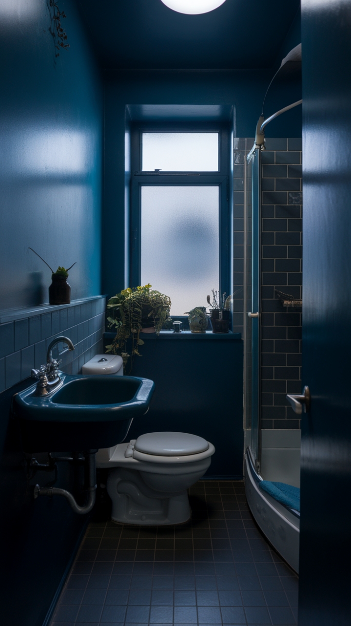 Moody Elegance: A Small Bathroom’s Deep Blue Sanctuary