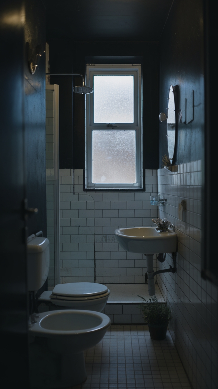Intimate Dark Retreat: Small Bathroom with Frosted Window and Lush Accent