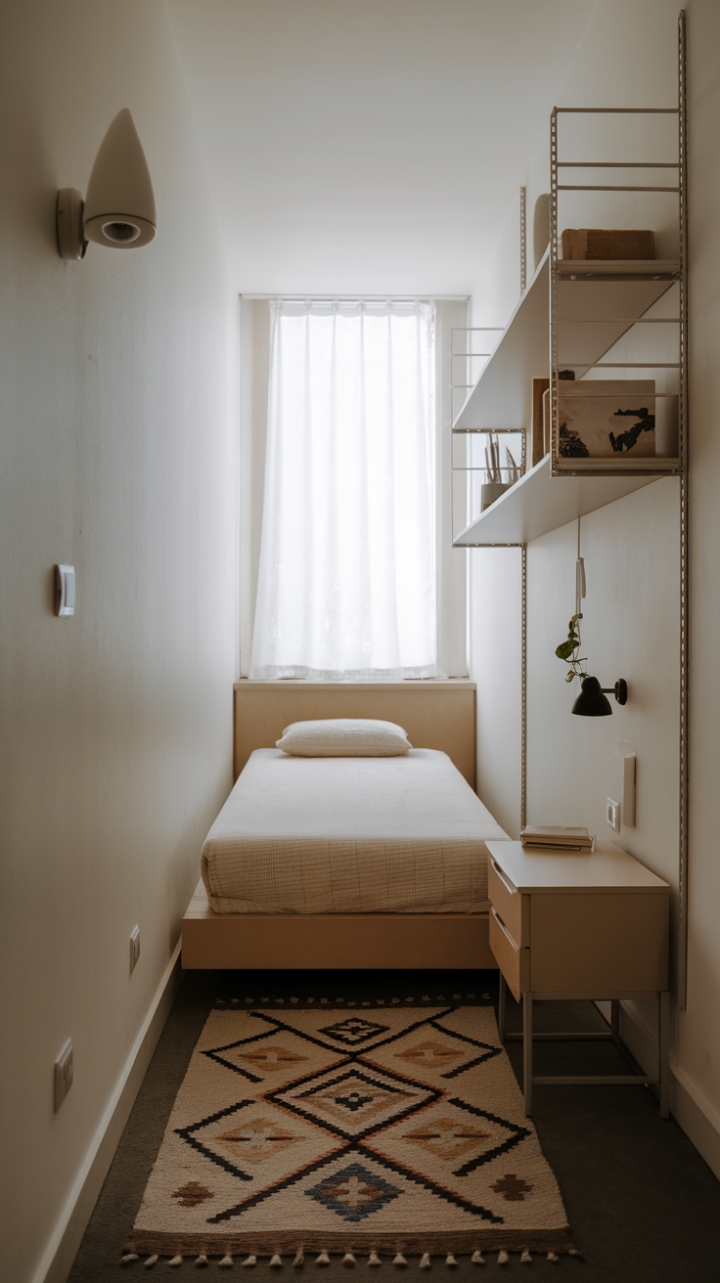 Serene Small Bedroom with Floating Shelf and Natural Light
