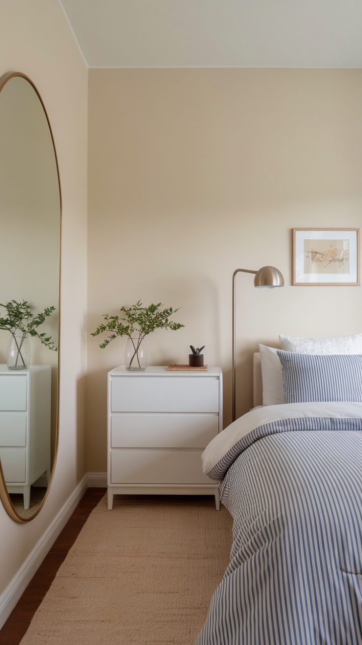 Cozy Beige Backdrop with Green Touches and Space-Enhancing Mirror