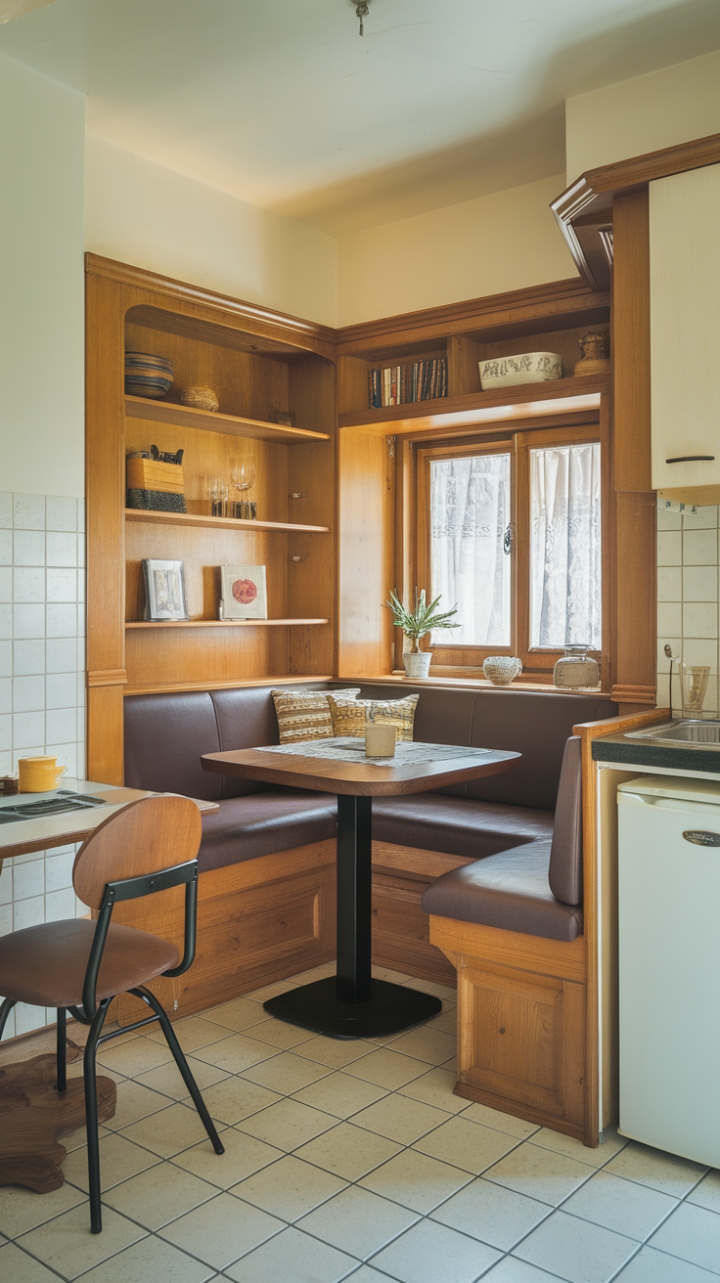 Charming Kitchen Nook with Wooden Booth and Tiled Flooring