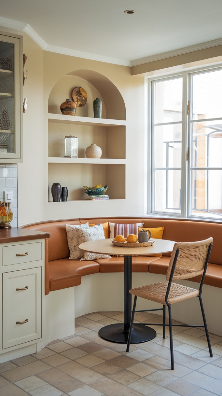 Stylish and Functional Kitchen with Built-In Nook and Shelving