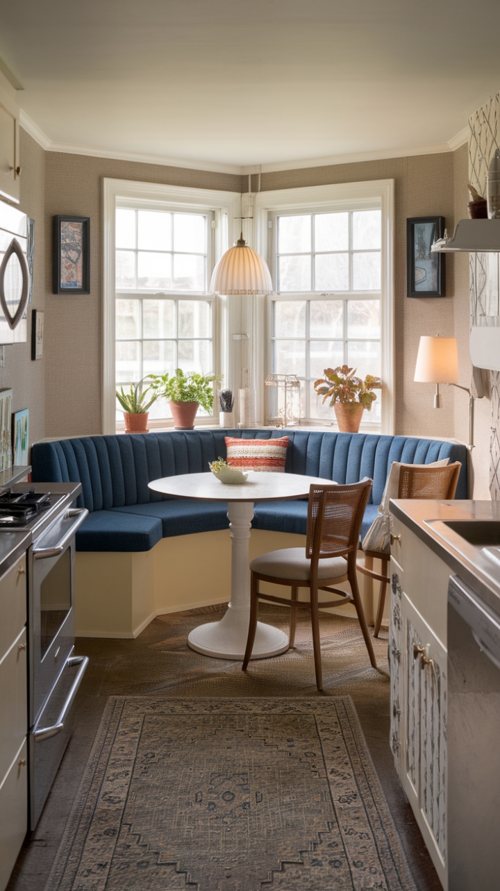 Sunny Breakfast Nook with Blue Cushioned Bench and Stylish Chairs