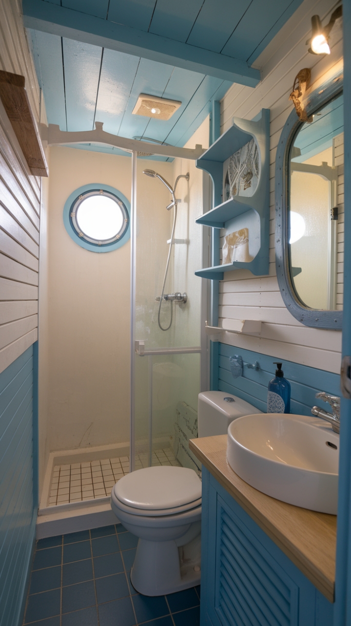 Coastal Charm: Blue and White Bathroom with Maritime Details