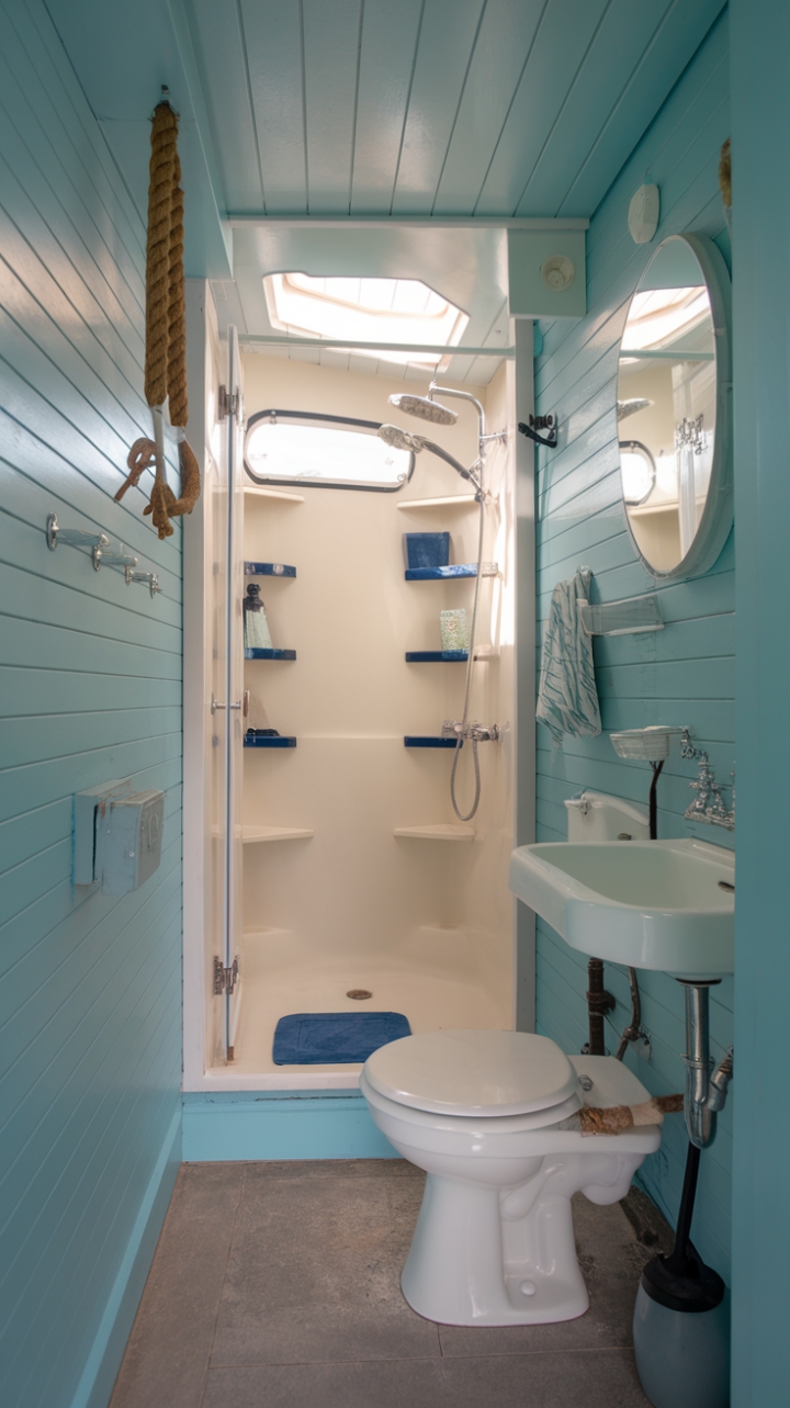 Nautical Details and Light Blue Serenity in a Compact Bathroom