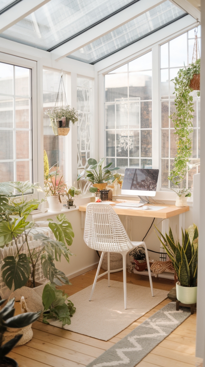 Sunlit Garden Office with Greenery and Wooden Floors