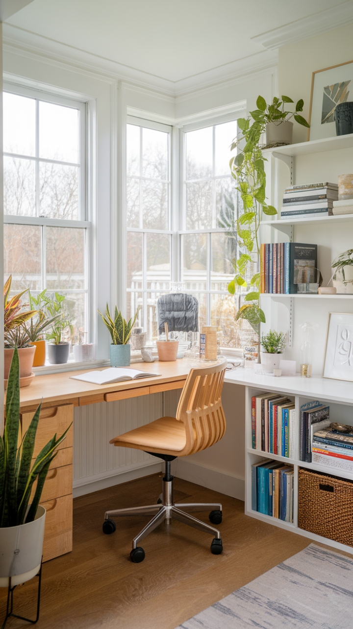 Sunlit Sunroom Workspace with Lush Plants and Warm Wooden Floors