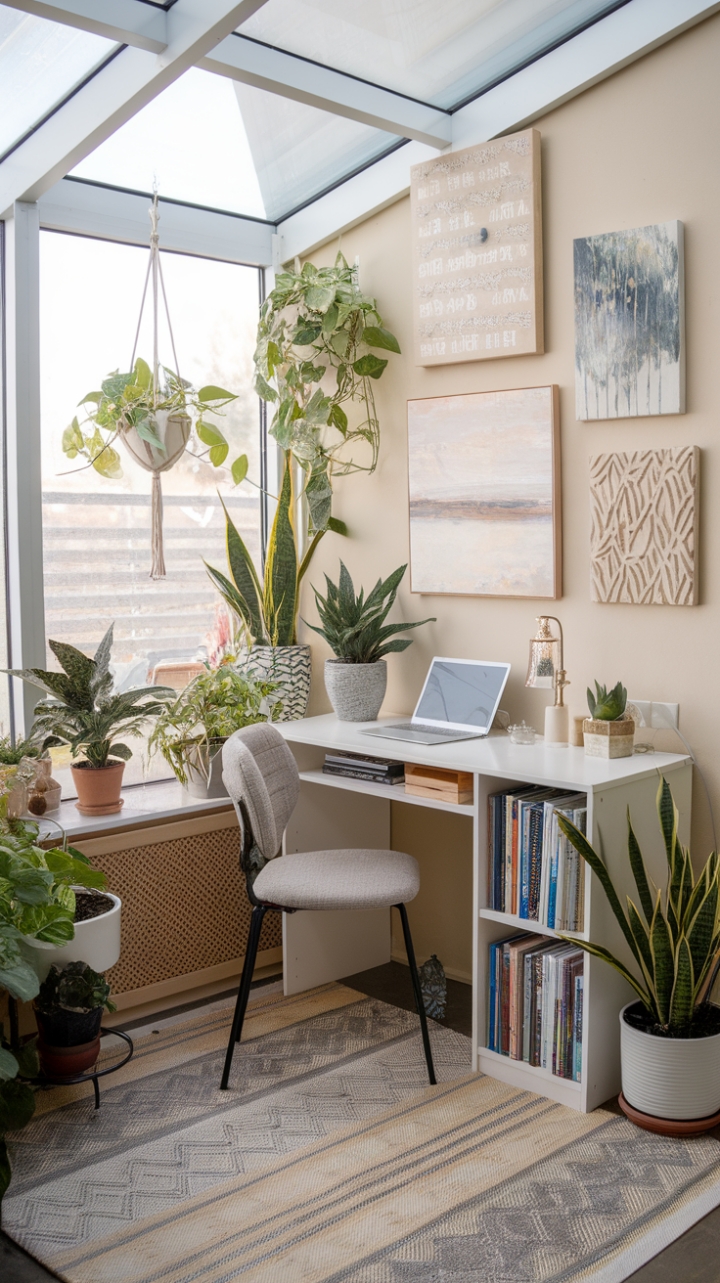 Sunlit Sunroom Office with Greenery and Personal Touches