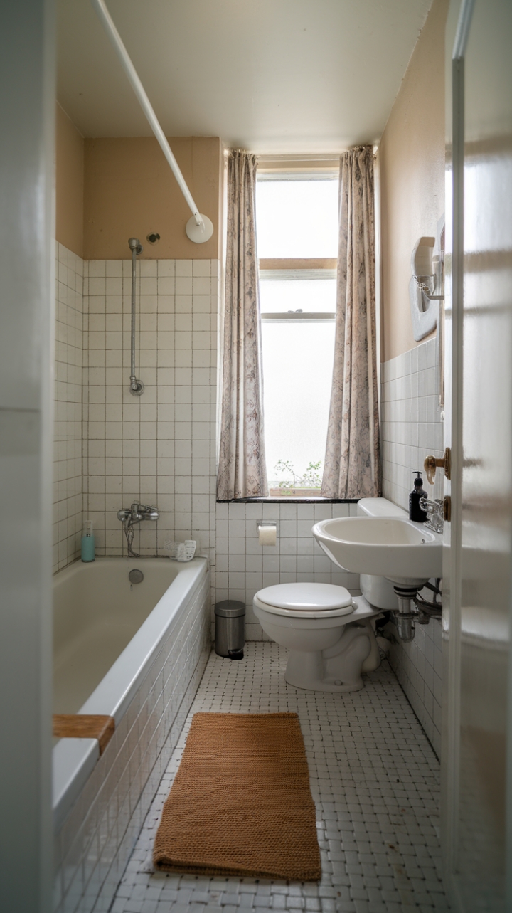 Efficient Small Bathroom with Bright White Tiles and Cozy Touches