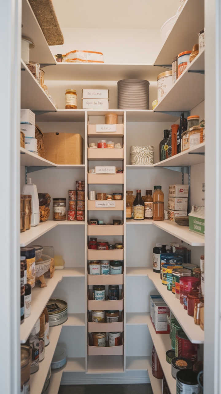 Streamlined White Pantry with Labeled Shelves for Easy Access