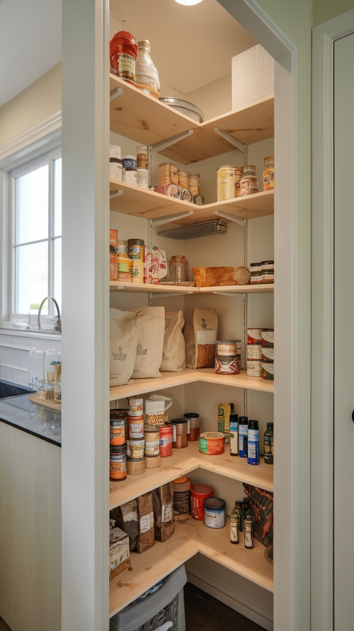 Charming Narrow Pantry with Warm Wooden Shelves