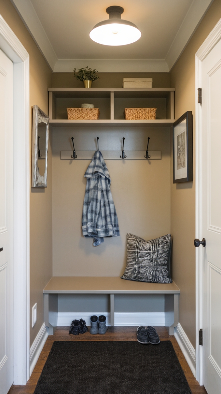 Charming Narrow Entryway with Wall-Mounted Mudroom and Cozy Details