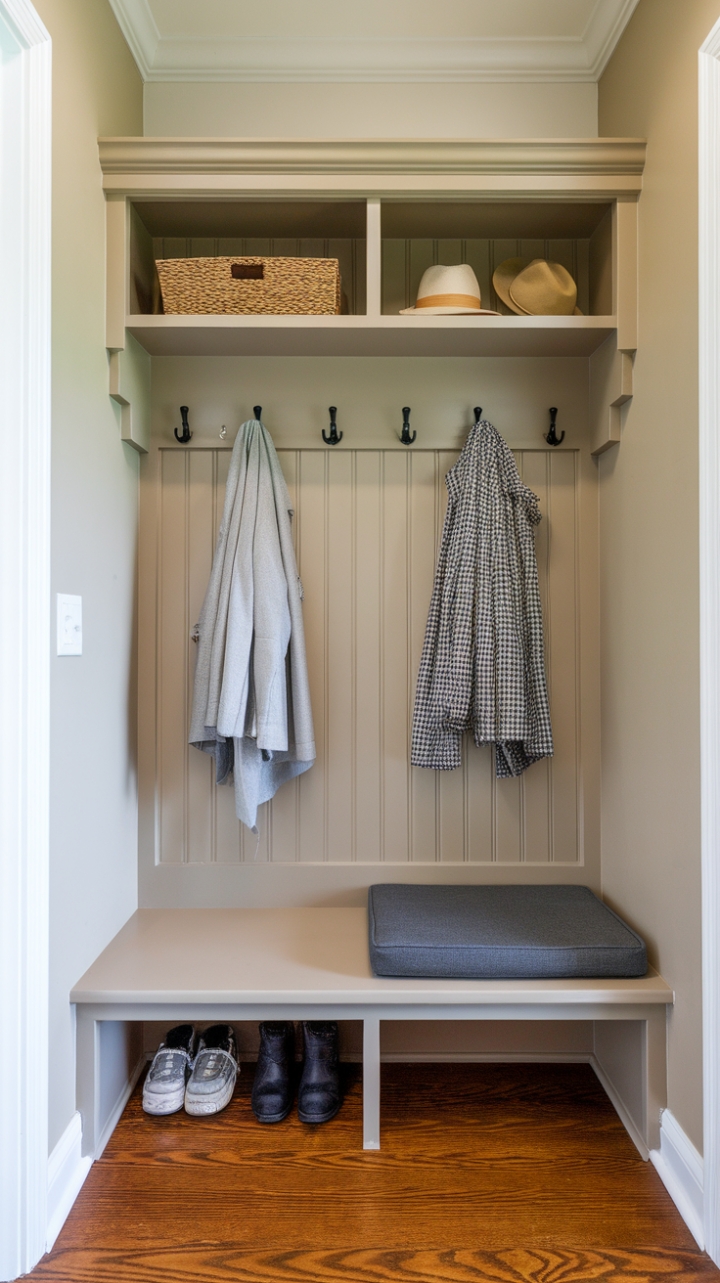 Warm and Practical Entryway with Wall-Mounted Storage and Wooden Accents