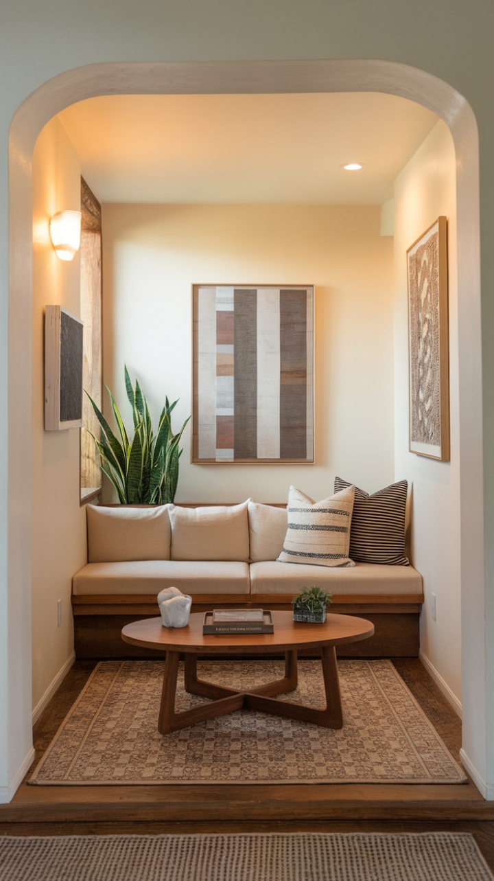 Inviting Living Space with Textured Rug and Lush Greenery