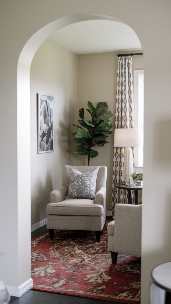 Design a Serene Corner for Quiet Reflection with Green Accents and Warm Lighting