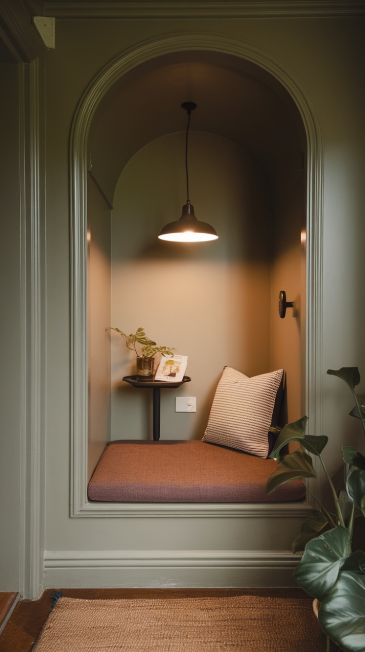 Small Living Space Transformed by Wall Alcove and Warm Accents