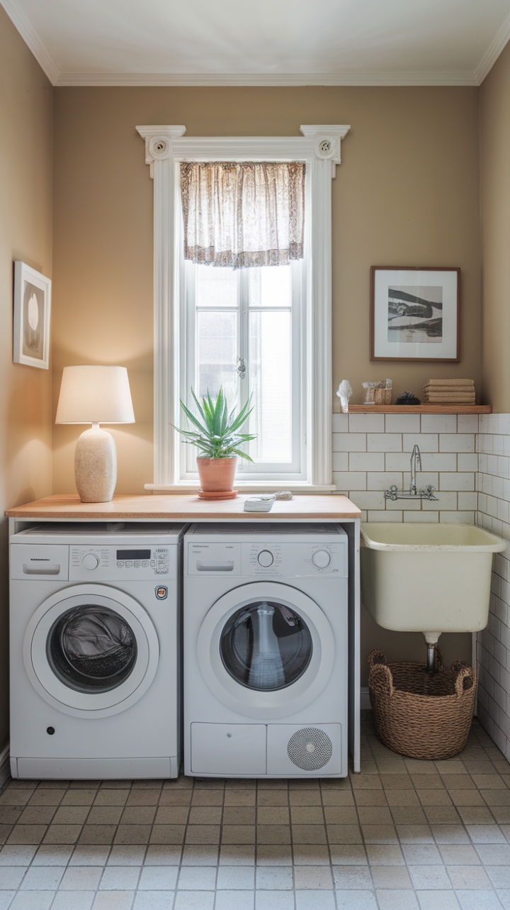 Cozy and Practical Laundry Nook with Warm Tones