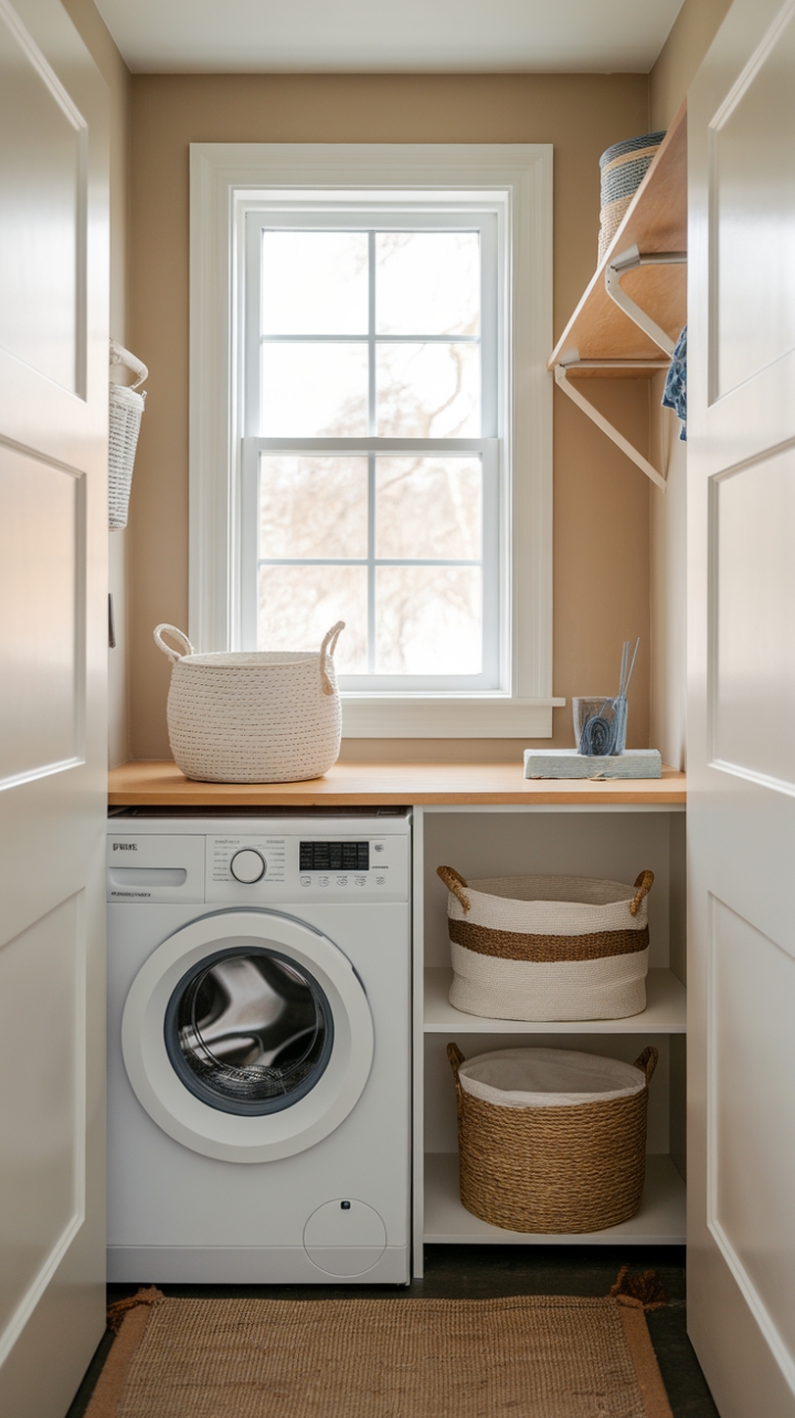 Warm and Inviting Laundry Space with Beige Walls and Patterned Rug