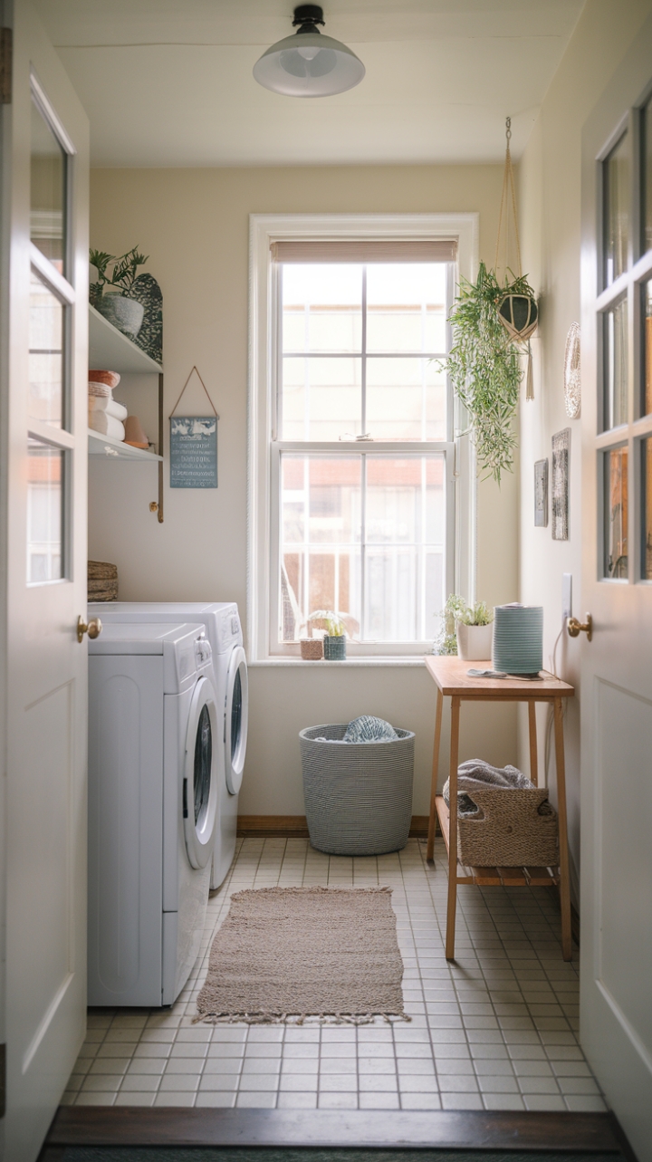 Bright and Cozy Laundry Nook with Greenery