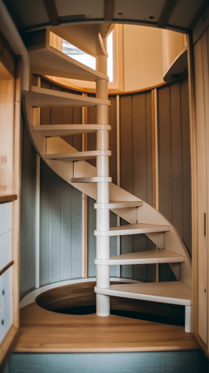 Space-Saving Wooden Spiral Staircase Connects Cozy Loft