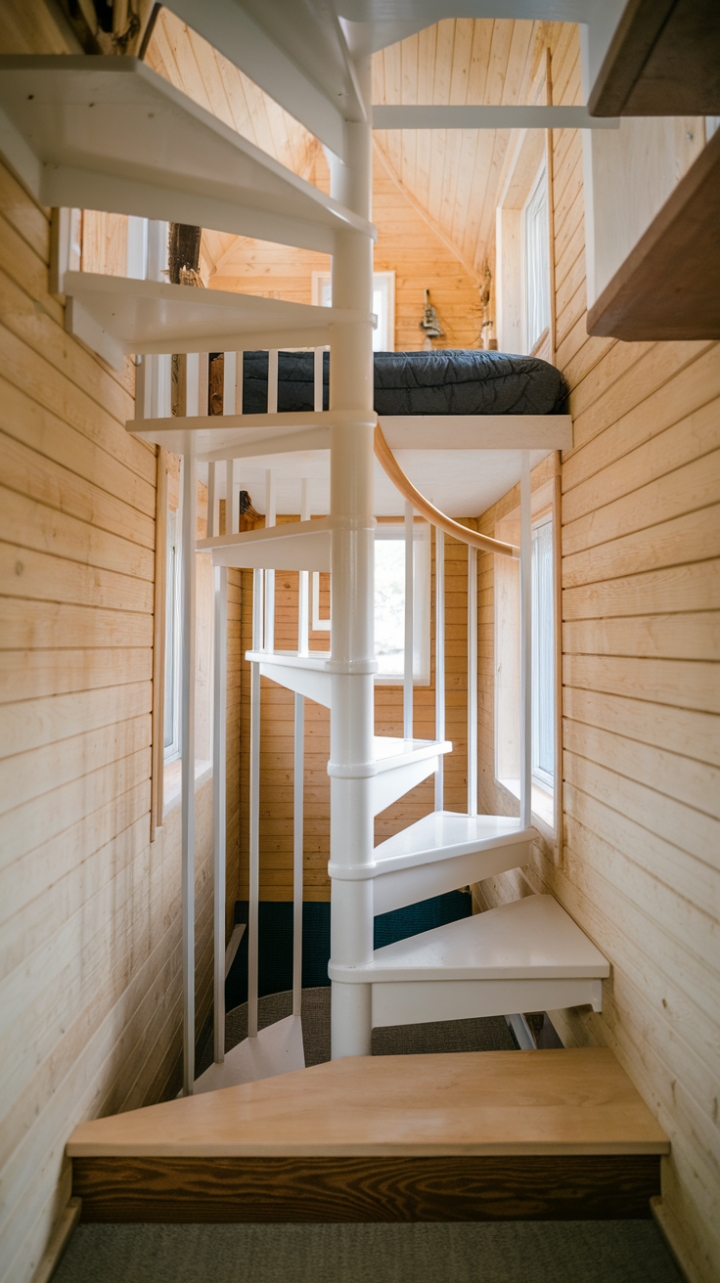 Space-Saving Wooden Spiral Staircase with Alternating Treads