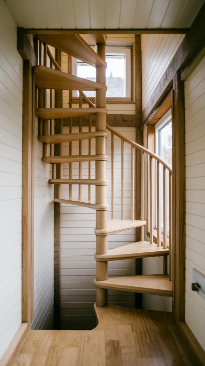 Rustic Charm: Clever Corner Staircase in Tiny Home