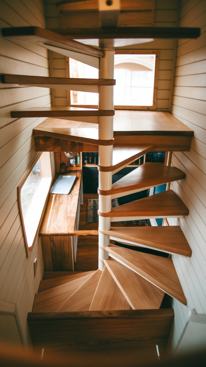Cozy Charm: Warm Wooden Spiral Staircase Elevates Tiny Living