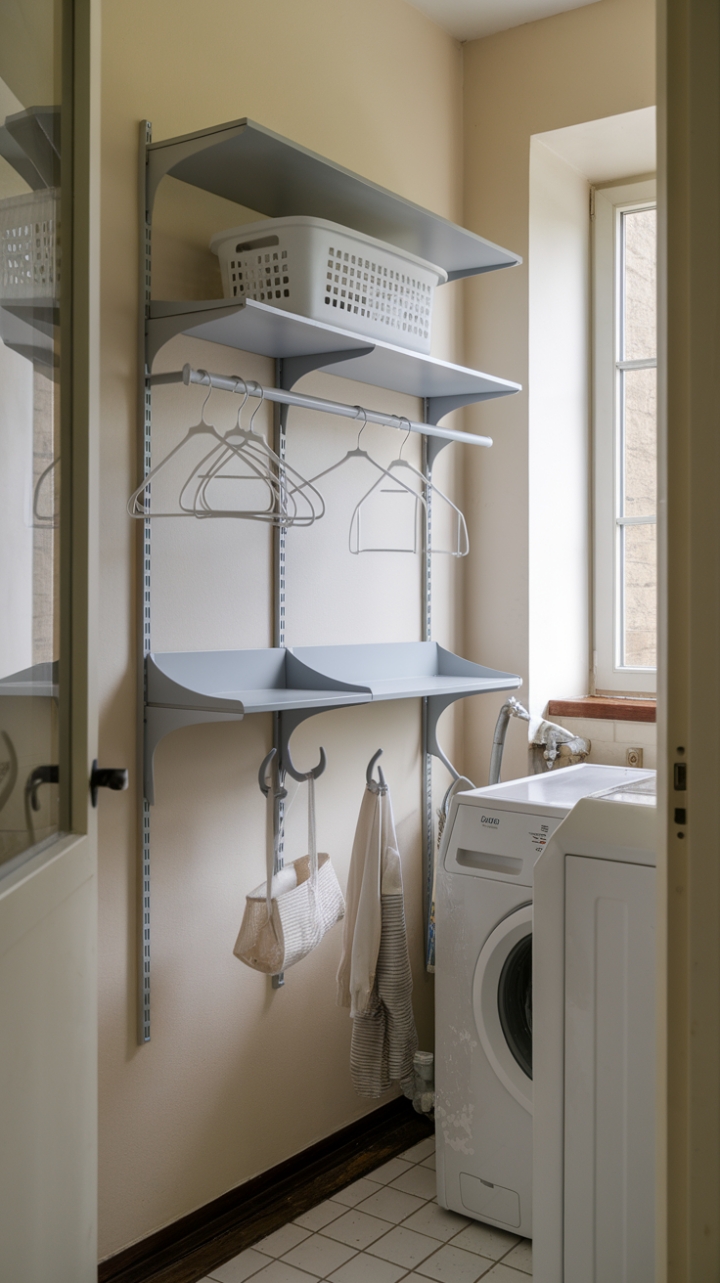 Bright Narrow Laundry Space with Practical Shelving and Tiled Floor