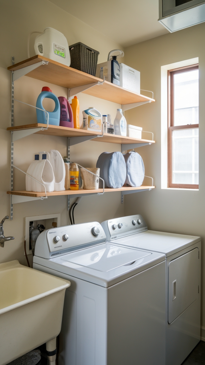 Compact Laundry Area with Multi-Level Storage and Utility Sink