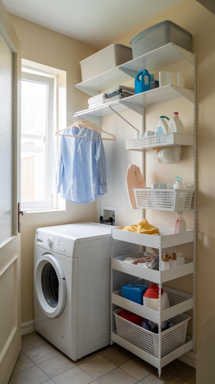 Compact Laundry Room with Stylish Storage and Hanging Rod