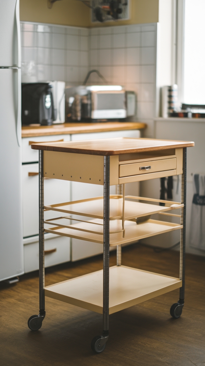 Compact Wooden Kitchen Island with Metal Frame for Modern Storage