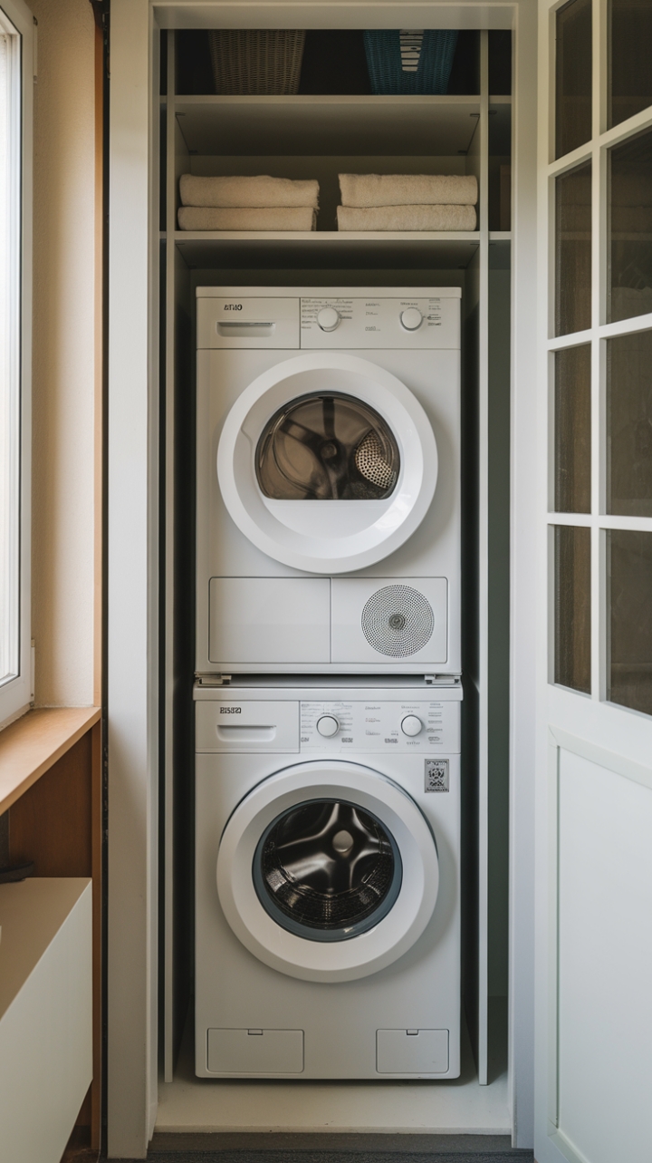Compact Stacked Washer and Dryer with Storage and Natural Light