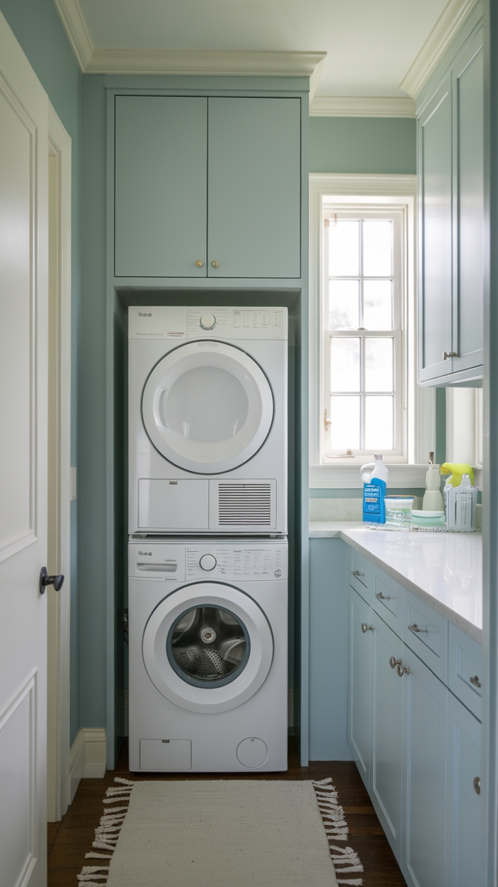 Inviting Compact Laundry Space with Soft Blue Accents