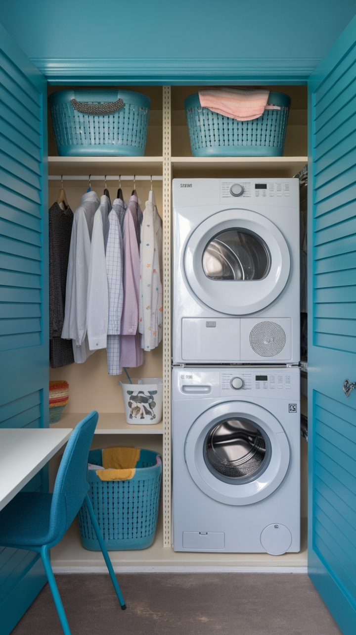Efficient Vertical Laundry Nook with Calm Blue Accents