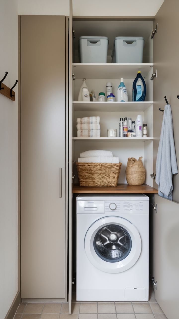 Smart Laundry Storage Solution with Wooden Front and Slim Cupboard