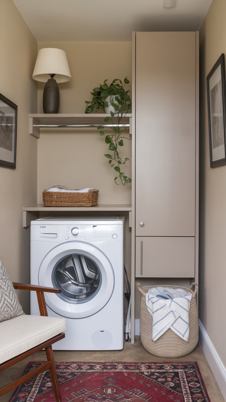 Warm and Functional Utility Space with Stylish Storage and Cozy Accents